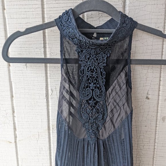 Navy Sheer Sleeveless Top with Lace and Buttons up back - Picture 1 of 5